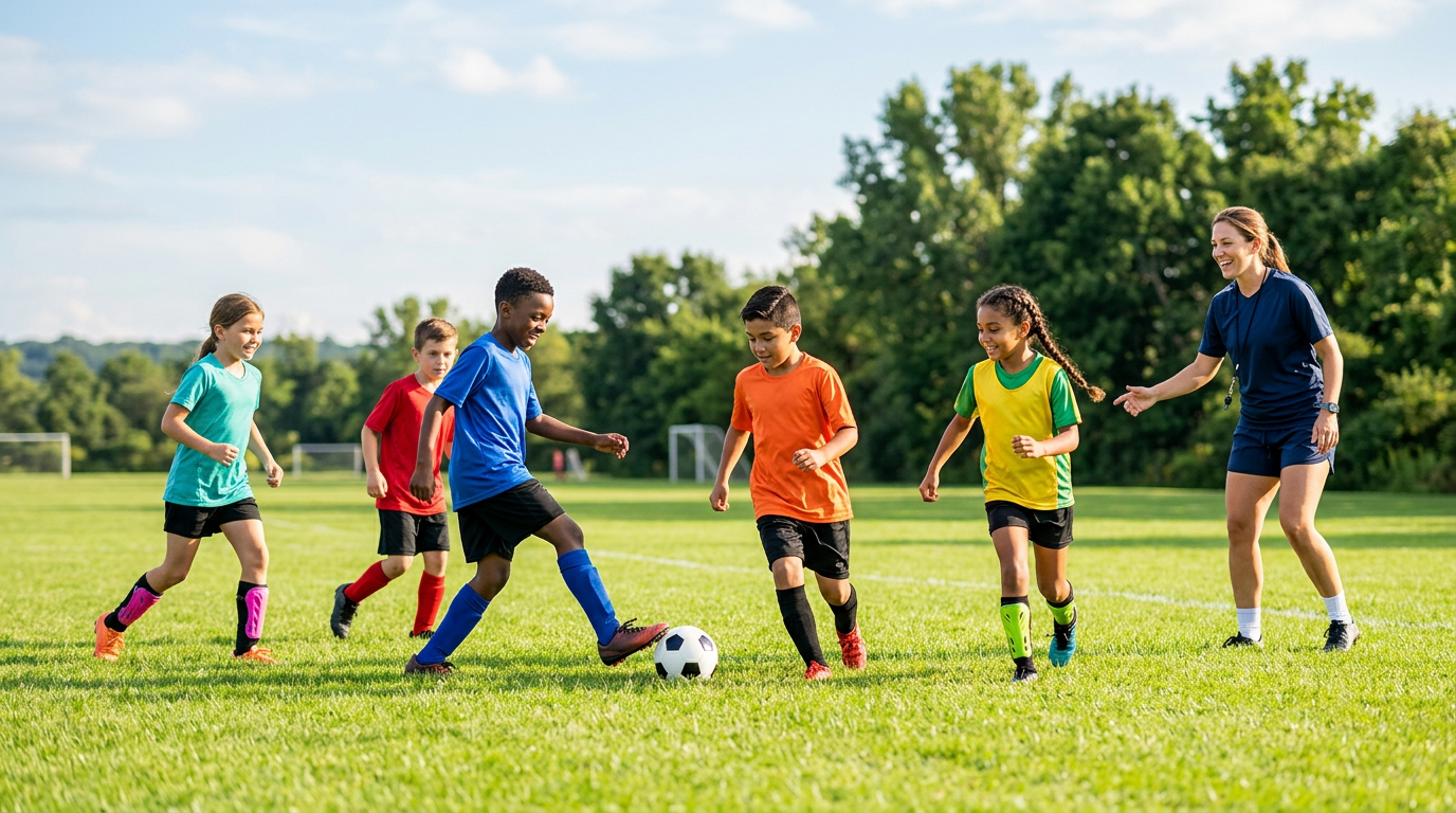 Kids training soccer on a sunny grass field with a coach