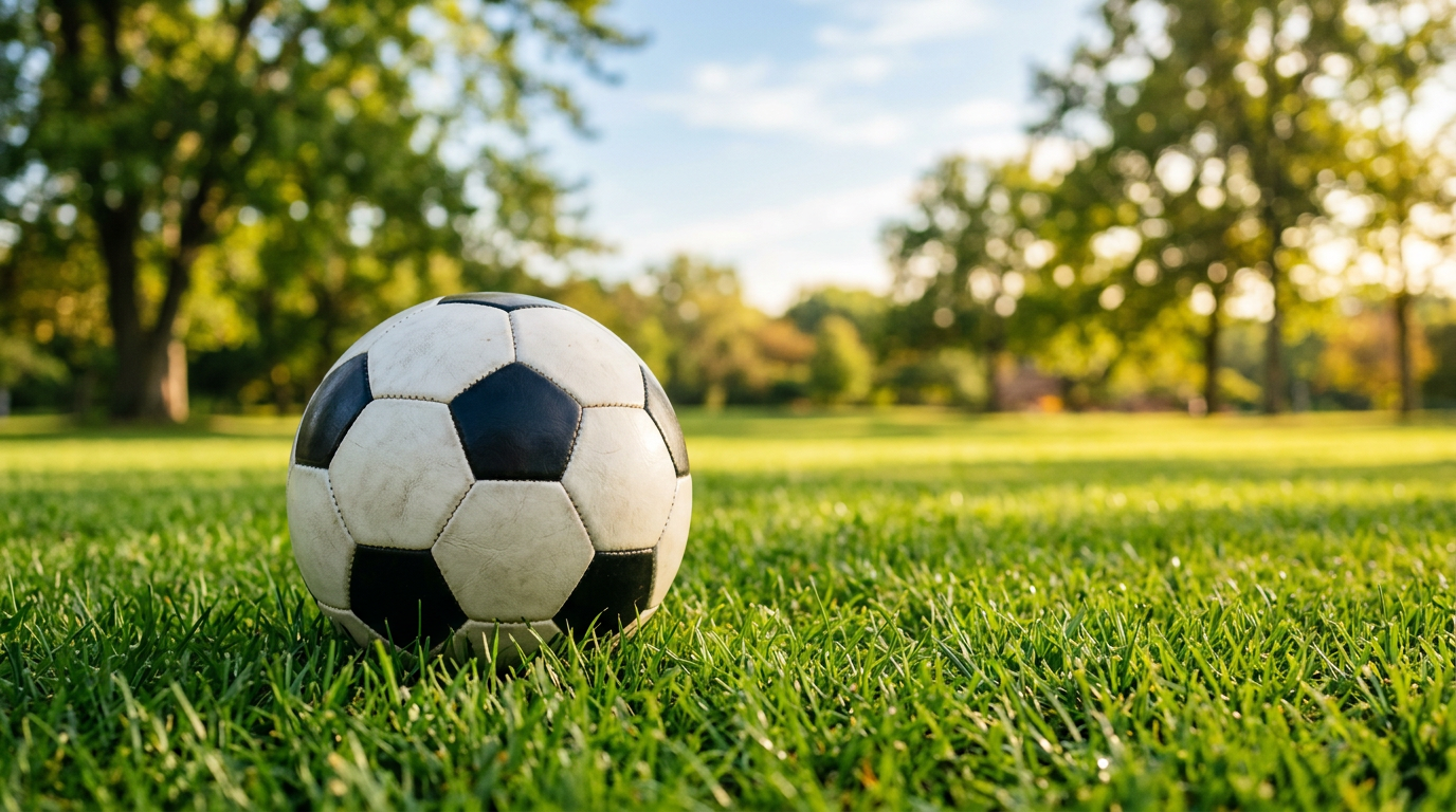 Soccer ball on a green grass field in warm sunlight